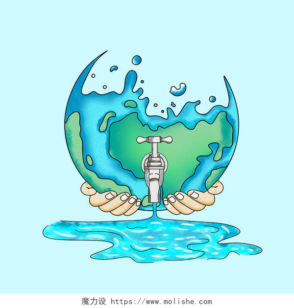 蓝色卡通手绘节约用水提倡环保地球水龙头双手素材原创插画海报